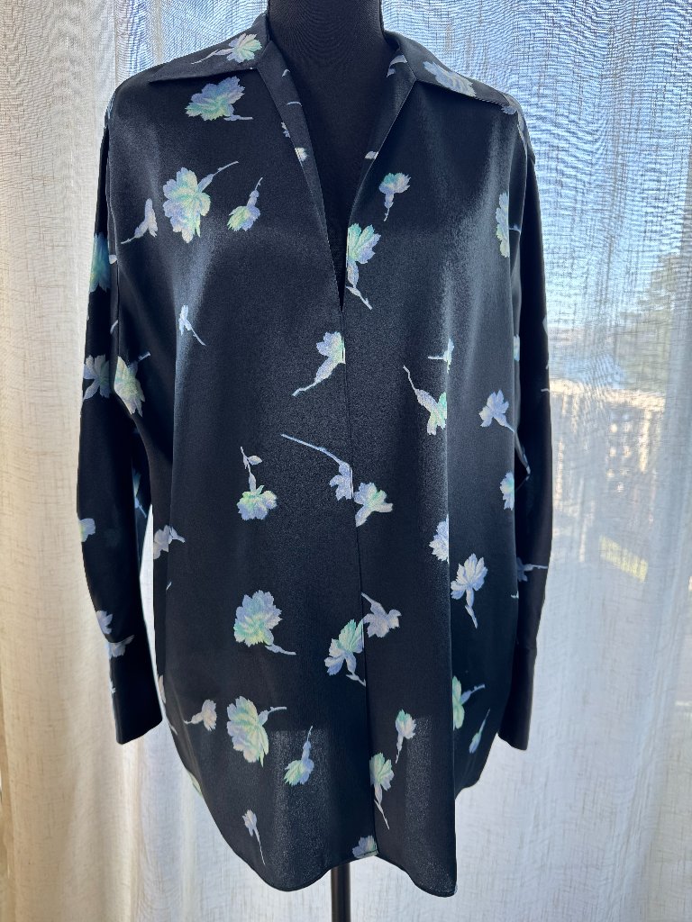 Vince Sea Carnation Shaped-Collar 100% Silk Printed Blouse Size L/G